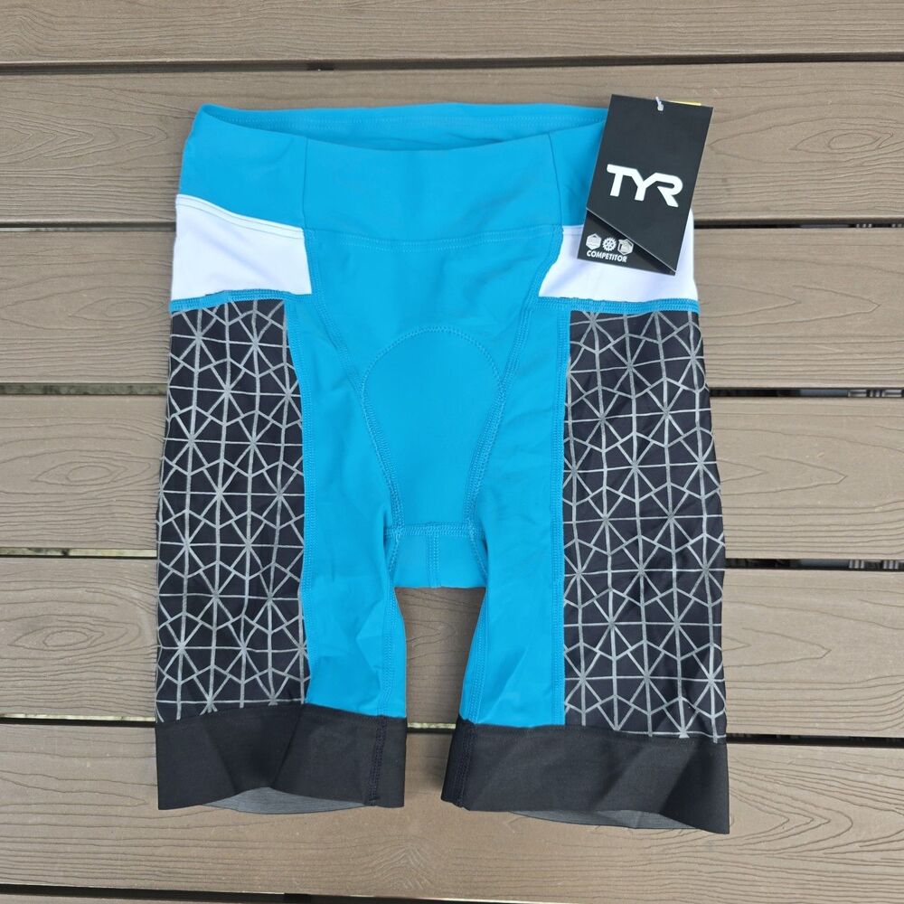 TYR Women Turquoise/grey Tri Triathlon Competitor 8 in Pad Shorts S New